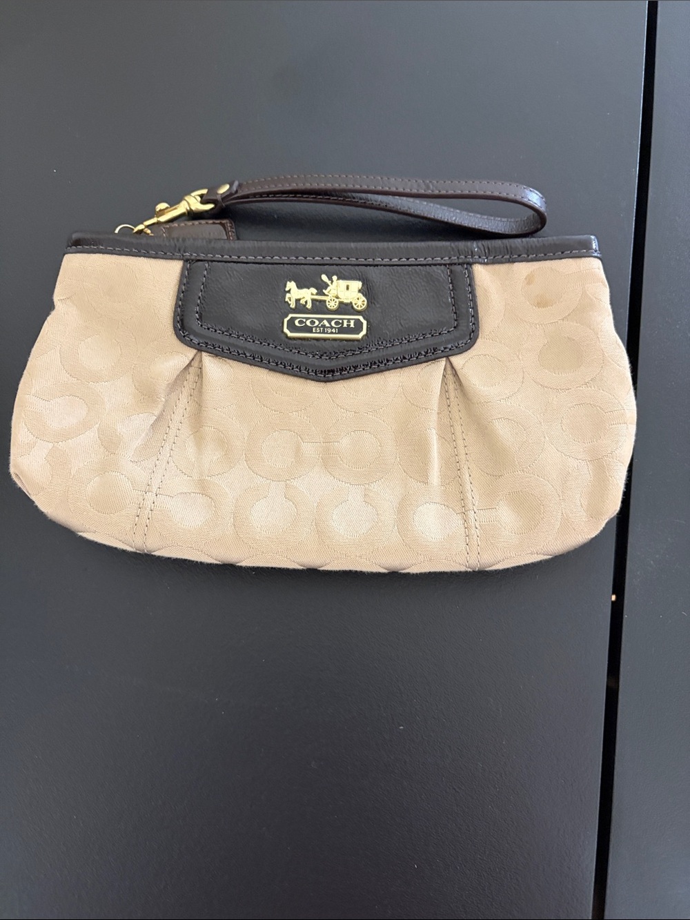 Coach Beige Signature Wristlet with Dark Brown Trim